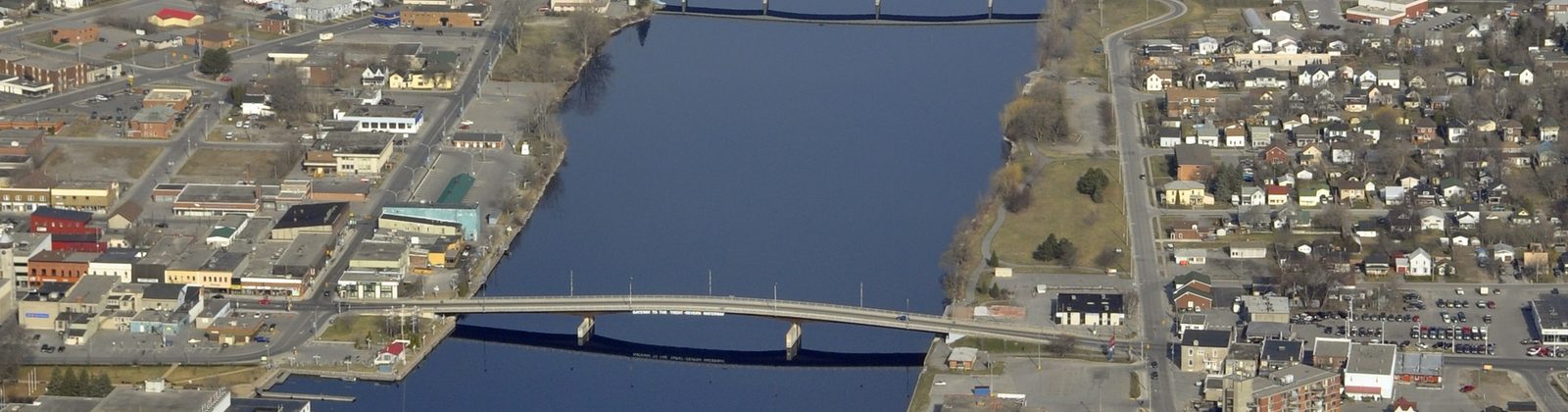 Aerial view of the Trent River running through Trenton, Quinte West, Ontario